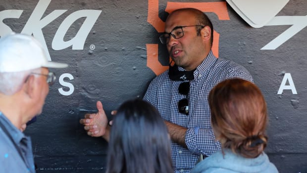 Jul 9, 2021; San Francisco, California, USA; San Francisco Giants president of baseball operations Farhan Zaidi before the game against the Washington Nationals at Oracle Park.